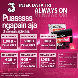 Termurah Inject Tri Kuota Always On Aon 1 5gb 2gb 3gb 6gb 8gb 16gb Shopee Indonesia