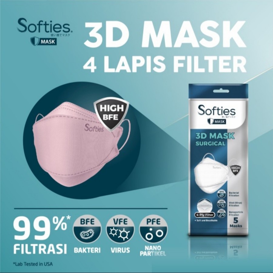 SOFTIES 3D SURGICAL MASK 4PLY SACHET ISI 5 - MASKER 4PLY SOFTIES 3D SACHET