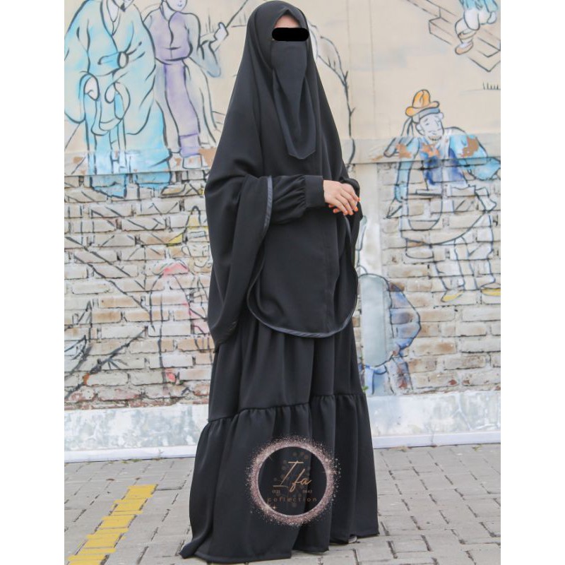 GAMIS JET BLACK SYAR'I PLUS CADAR KHIMAR LEBARAN RAMADHAN