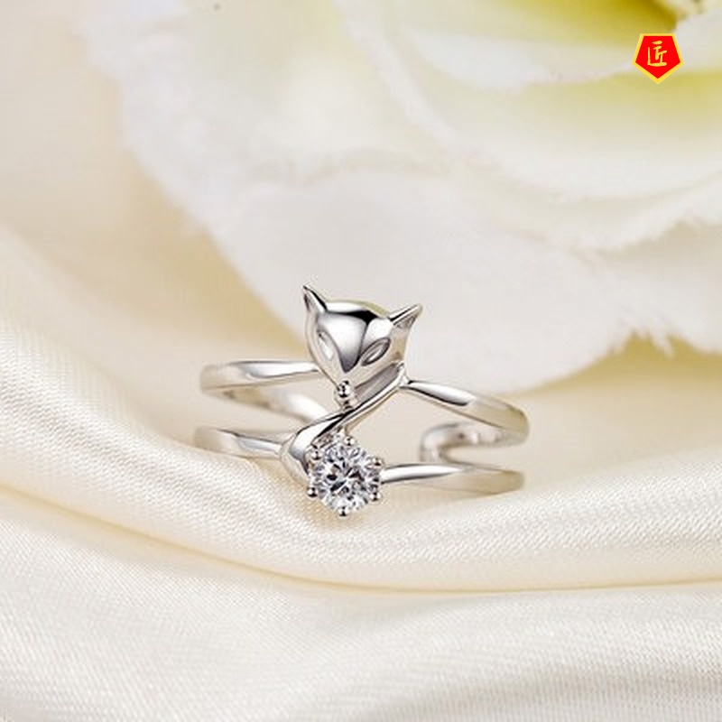 [Ready Stock]Silver Korean Style Fashion Fox Double Layer Diamond-Studded Ring