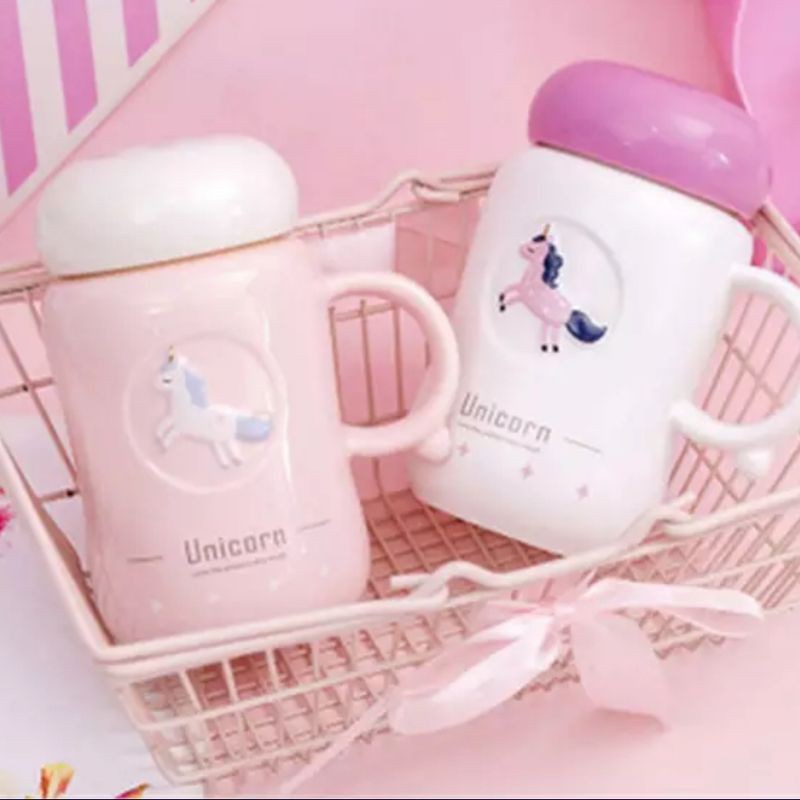 gelas mug cup unicorn dengan tutup keramik impor