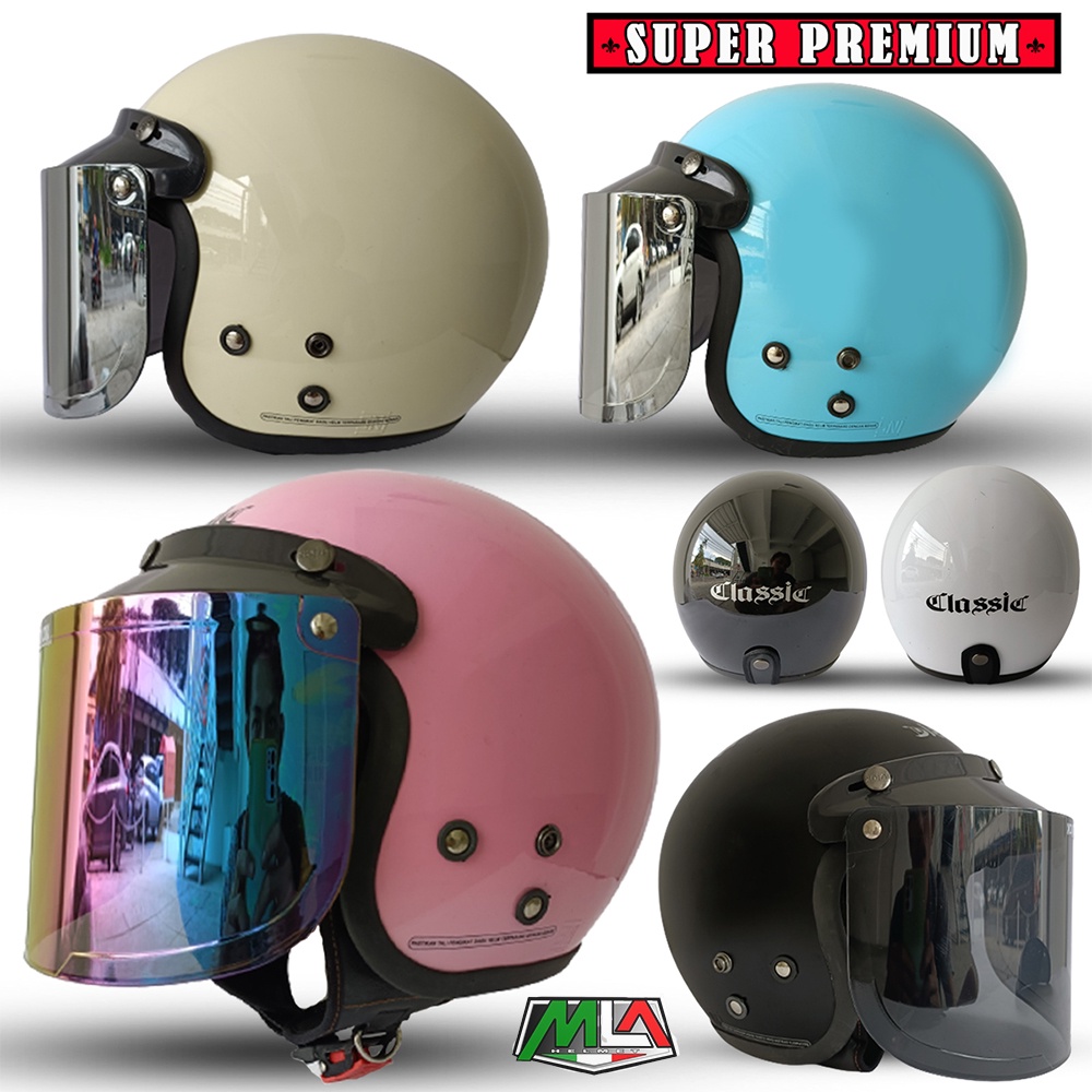 Helm Bogo Dewasa Full Leher Retro Classic SNI Kaca Datar Silver Kaca Datar Pelangi Untuk Pria Dan Wanita Dewasa Free Packing Dus COD