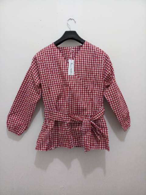 Atasan Blouse Kimono bahan katun kotak / garis ada tali pinggang Ken-327