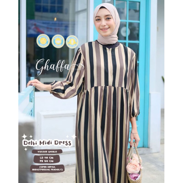 delvi midi dress katun viscose motif garis by ghaffa label