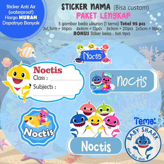 

Sticker Nama Lucu/Custom/Kartun/Cartoon/Waterproof - BABY SHARK 95pc