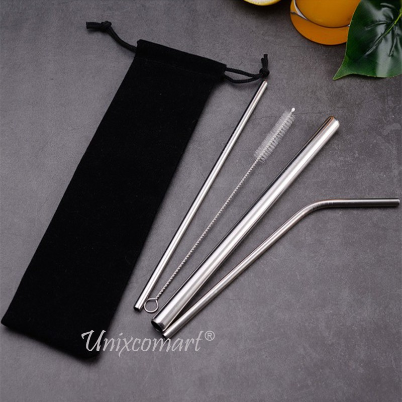 Set Sedotan Stainless Steel Straw Reusable 5 in 1 ( 3 sedotan 1 sikat 1 box atau Pouch )