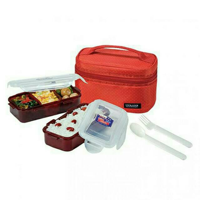 Lock &amp; Lock lunch Box 2 Pcs with Bag &amp; Spoon Fork Set kotak bekal Estetik Lock n Lock HPL752 HPL762