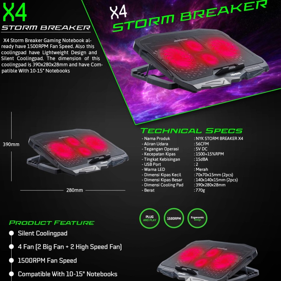 NYK Nemesis X4 Storm Breaker Gaming Cooling Pad - Kipas Laptop