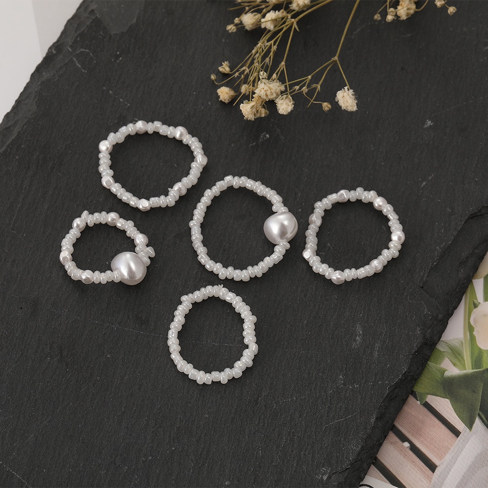 5pcs / Set Cincin Mutiara Elastis Adjustable Gaya Elegan Untuk Wanita