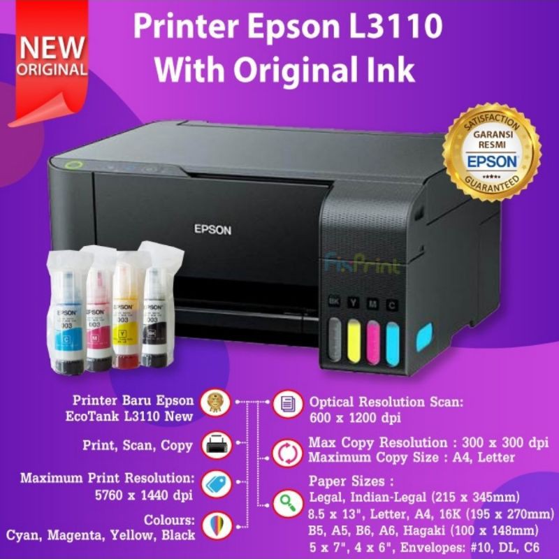 All in one Printer Epson L3110 Print Scan Foto Copy inkjet original 4 warna garansi resmi A4