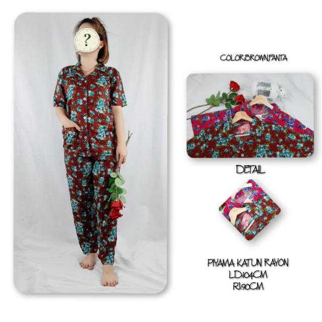 PIYAMA BAJU TIDUR DEWASA MOTIF BUNGA BAHAN RAYON WARNA MARON PINK