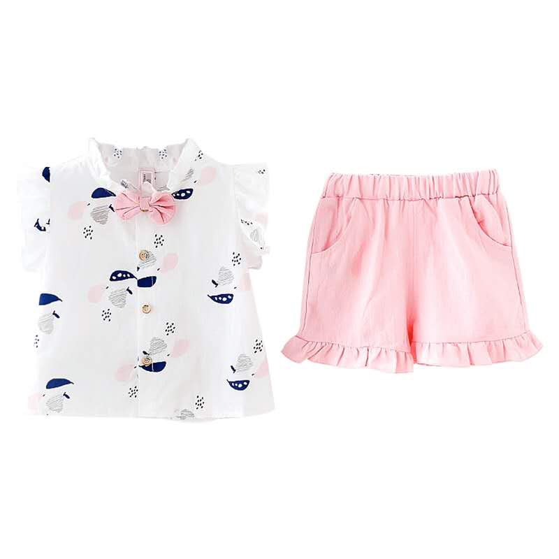 KF CAT Baju Setelan Anak Perempuan Kemeja+Celana Pendek Bahan Kapas Set Bayi Cewek Busur Import