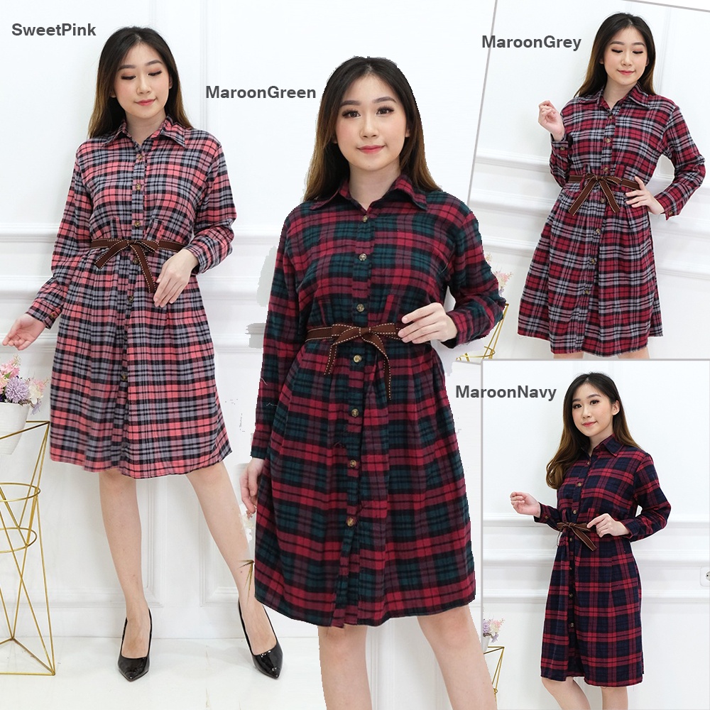 JakartaFashion - dress tunik kerah full kancing busui flanel big size bahan adem kotak tali depan