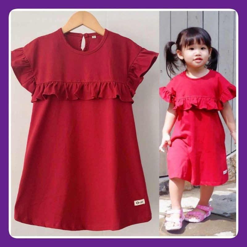 Dress marun anak polos malika smilee 1-5th | dres anak perempuan merah maroon basic