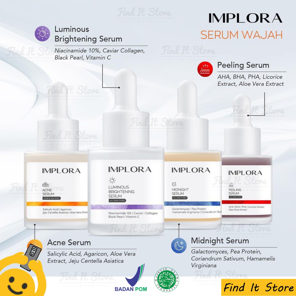 Implora Face Serum Wajah | Sunscreen | Ampoule | Brightening Acne Midnight Peeling Hydrating Serum | BPOM