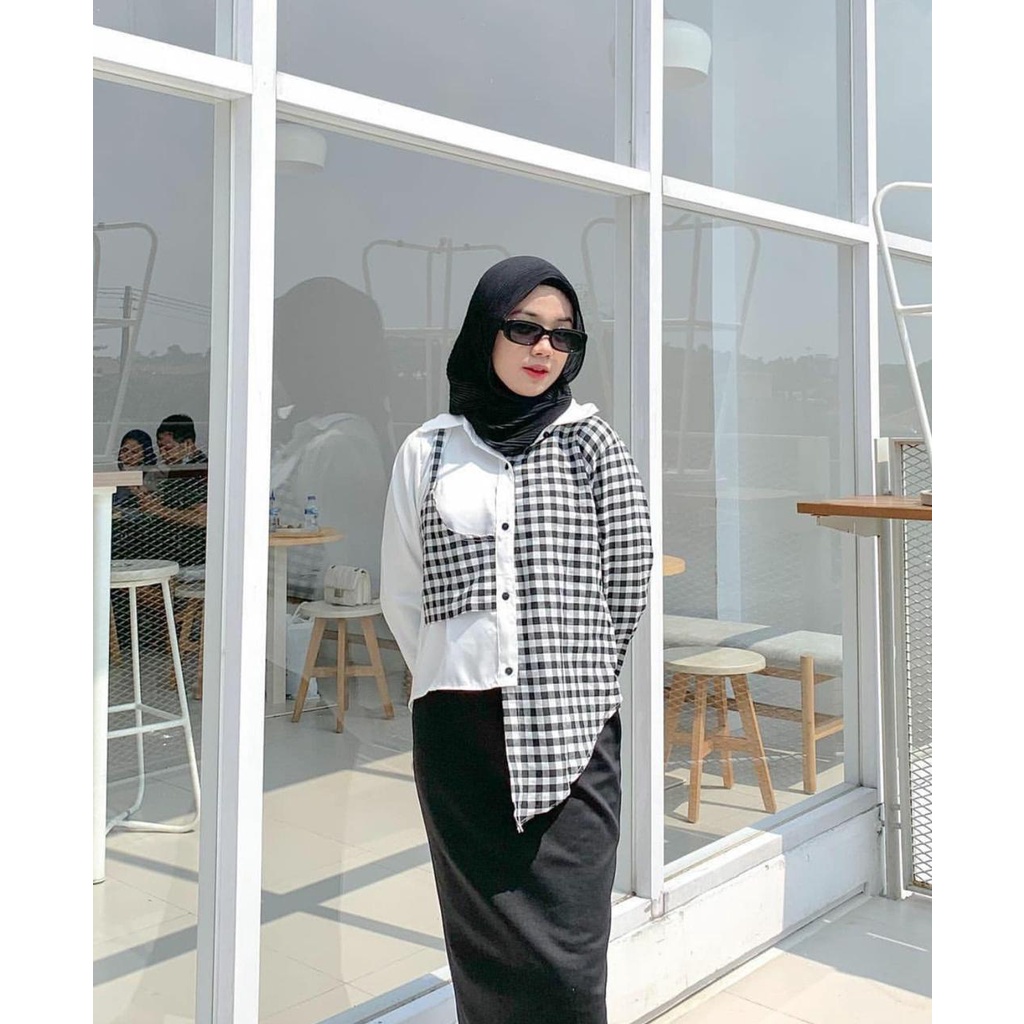 1KG MUAT 5PCS | OMMY CUBI BLOUSE MONOCHROME TARTAN COMBI KOREAN STYLE HITS OOTD SELEBGRAM FASHION