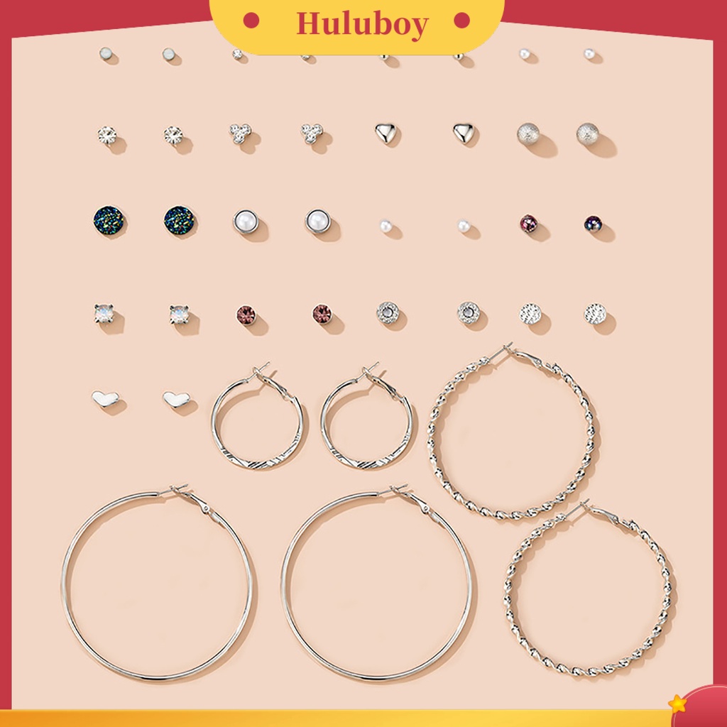 Hu Hu Hu Hu Hu Alat Bantu Pasang Kacamata♡ 20 Pasang / Set Anting Tusuk Berlian Imitasi Model Hati / Lingkaran Untuk Wanita