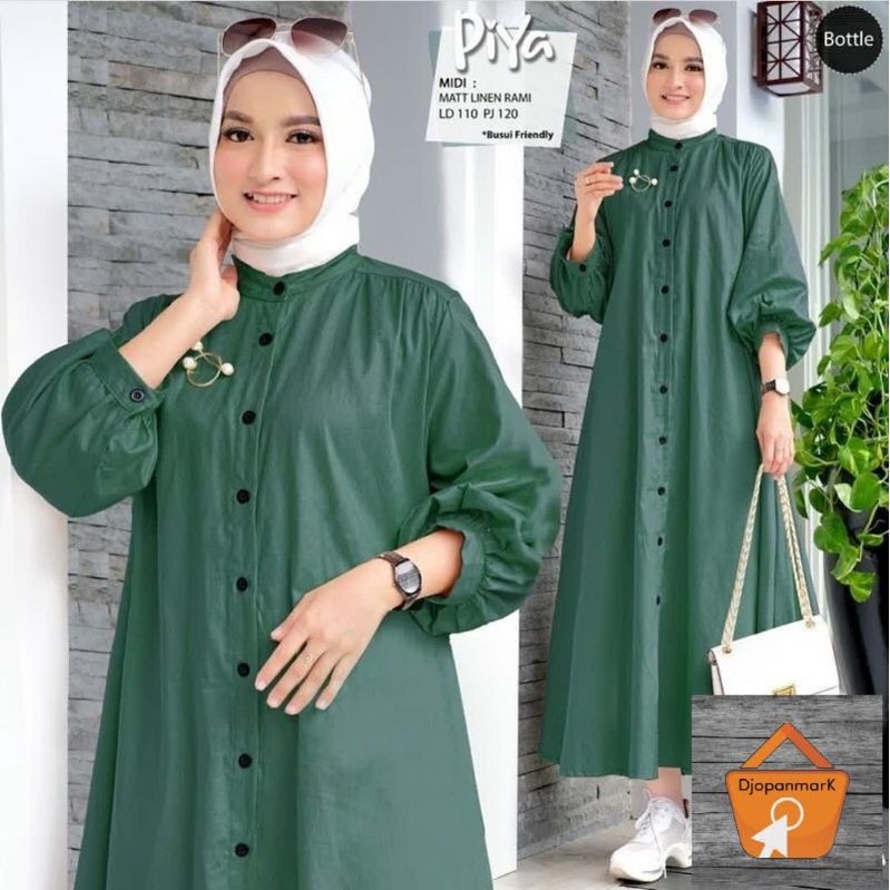 Piya Midi Dress bahan Linen Rami Long Tunik Kancing Aktif Dres Wanita Muslim Simple Casual Terbaru