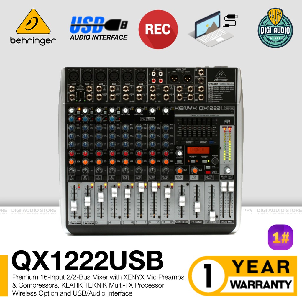 Audio Mixer 8 Channel Behringer QX1222USB USB Audio Interface Soubdcard Recording &amp; Efek Vocal