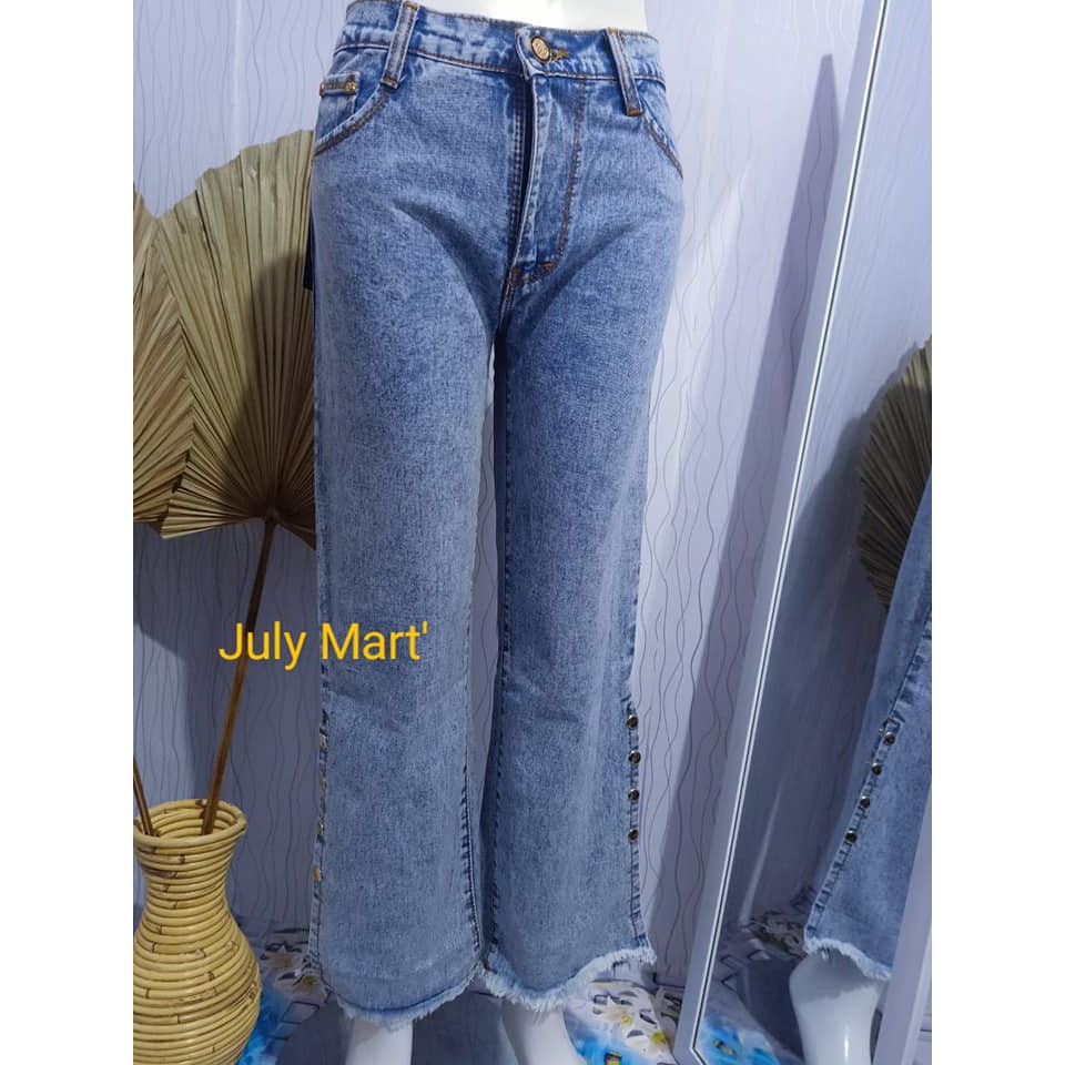 Celana Jeans Wanita Boyfriend Kulot Kancing Samping