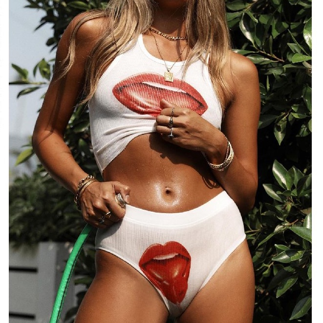 2022 Summer Two Piece Set Women Sexy Lip Print Tank Top Shorts Athleisure Lingerie Loungewear