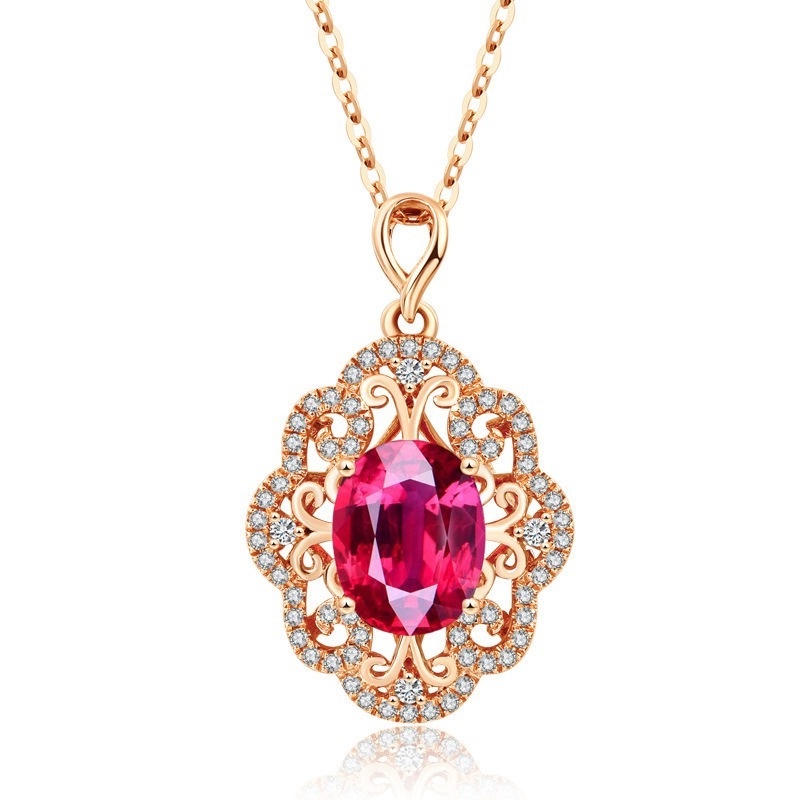 New Graceful and Fashionable Rose Gold Natural Ruby Pendant Inlaid with Diamond Necklace