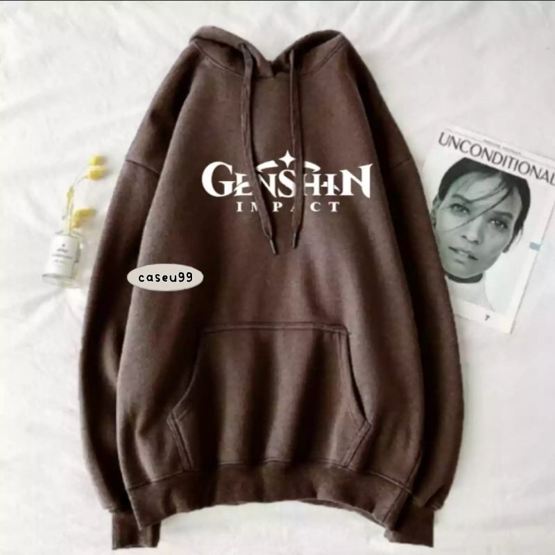 Hoodie genshin coklat kopi swag Harajuku// jumper sweetshirt kupluk saku dewasa wanita pria perempuan laki cewe cowo unisex bahan fleece// hudie distro viral// Women Man Loose Pullover print sablon outwear