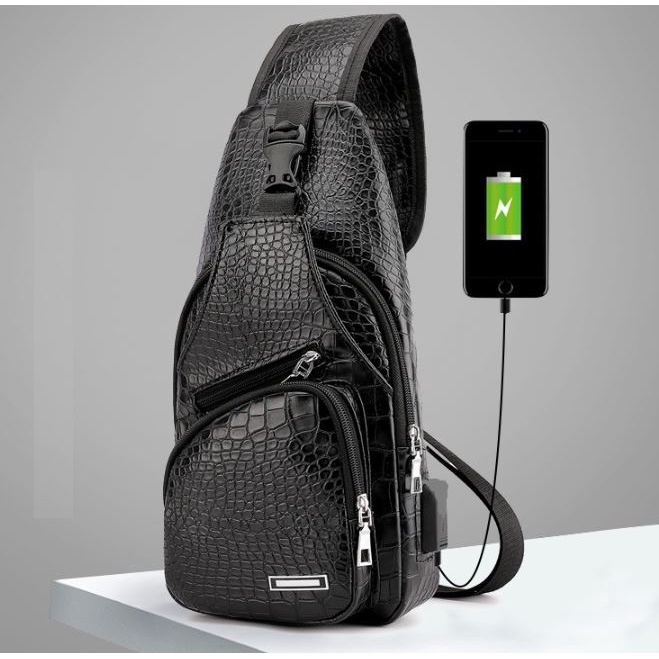 TAS PRIA SELEMPANG COSTA KULIT PREMIUM TA041B5 BAHU HITAM CROCODILE MURAH USB BATAM FASHION KOREA AB