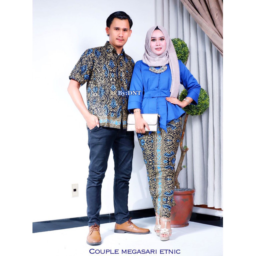 Batik Couple Sarimbit modern Megasari Etnik - Warna Pink, Tosca, Biru, Kuning - M L XL