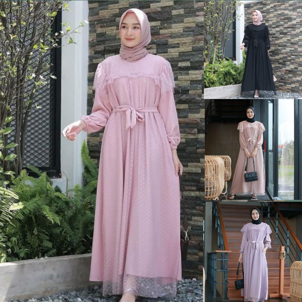 Ranti Dress Gamis Mix Brukat Doty Import Dress Kondangan Gamis Mewah Elegant Lengan Balon Ikat Pingg