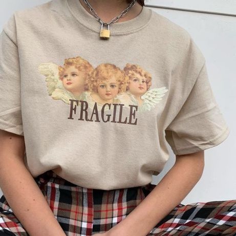 Fragile T-shirt | Kaos T-shirt Longgar Lengan Pendek Versi Aesthetic Motif Print Untuk Musim Panas