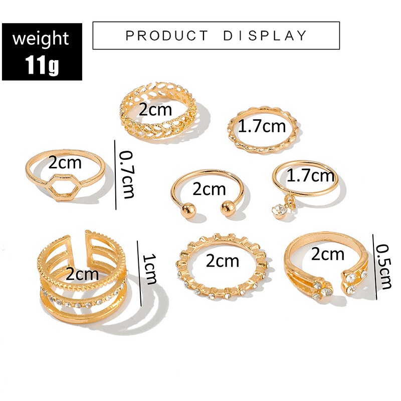 [ACKER] 8Pcs Mode Pribadi Berlian Geometric Gold Rings Joint Tail Set Cincin Untuk Wanita