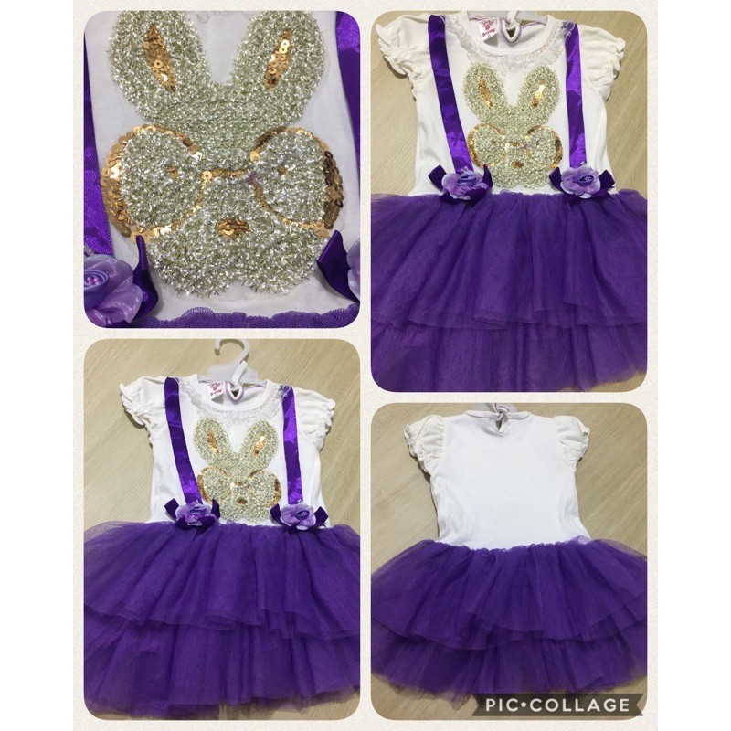 Dress anak model tutu warna ungu rok tutu gambar gliter timbul