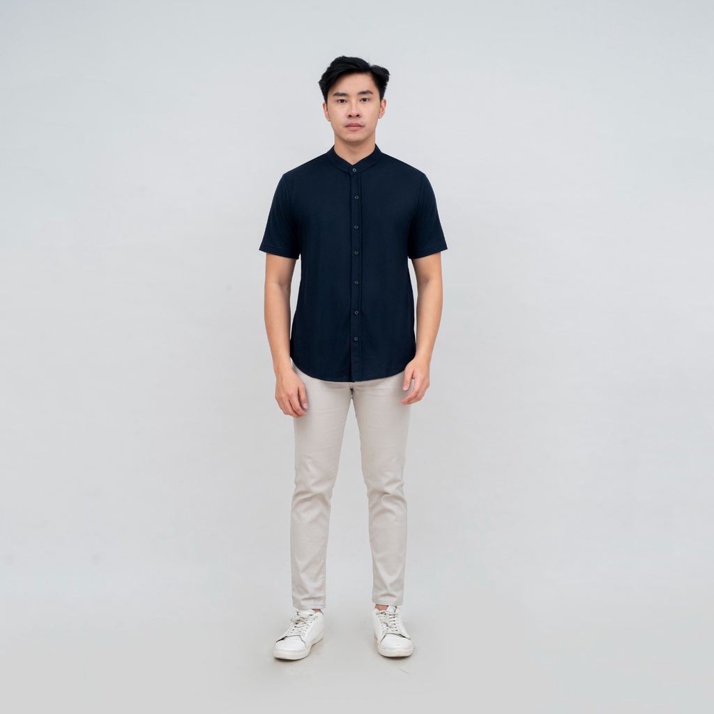 BROGUY Kemeja Pria Lengan Pendek Kerah Sanghai Casual Polos Slimfit Size M - XXL NAVY