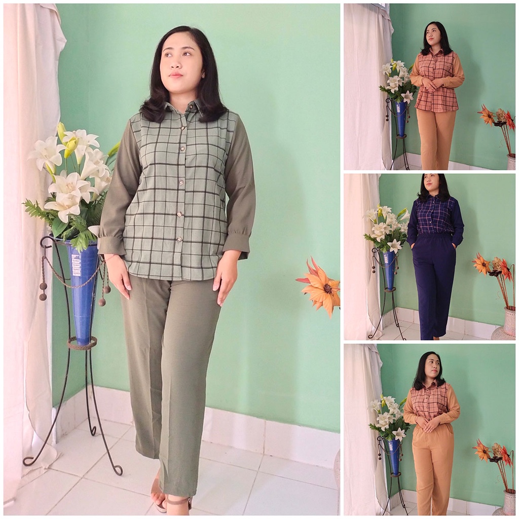 Setelan Blouse Panjang  Wanita Crinkle Premium- Setelan Blouse Lengan Panjang Celana Panjang