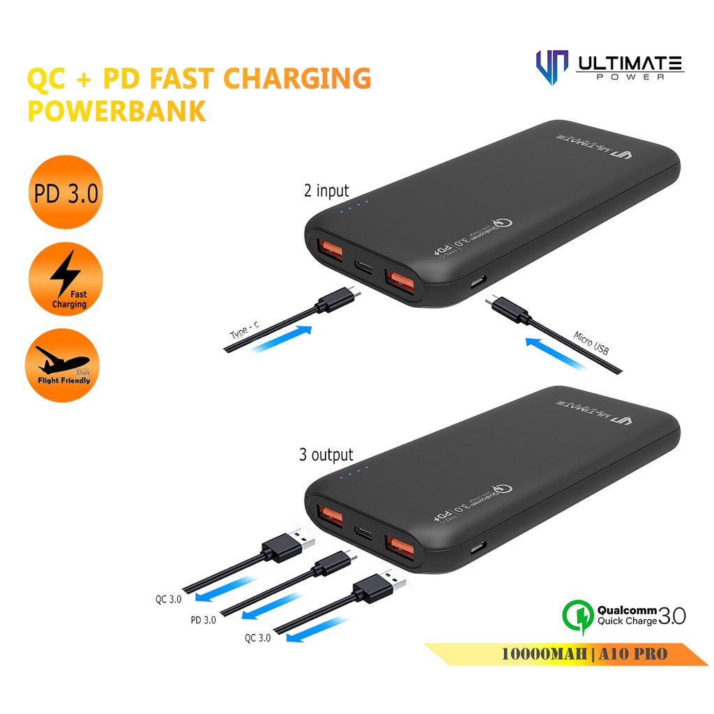 Power bank 10000mAh Fast Charging A10 PRO Ultimate Power QC+PD  Original Promo