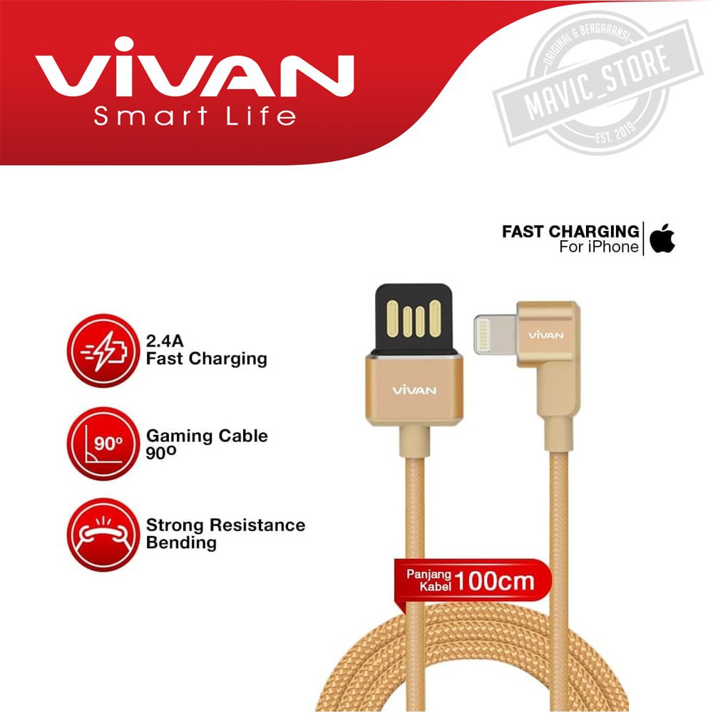 Kabel Data Vivan For Iphone BWL100  Lightning 2.4A 1M Cable Data Design Gold