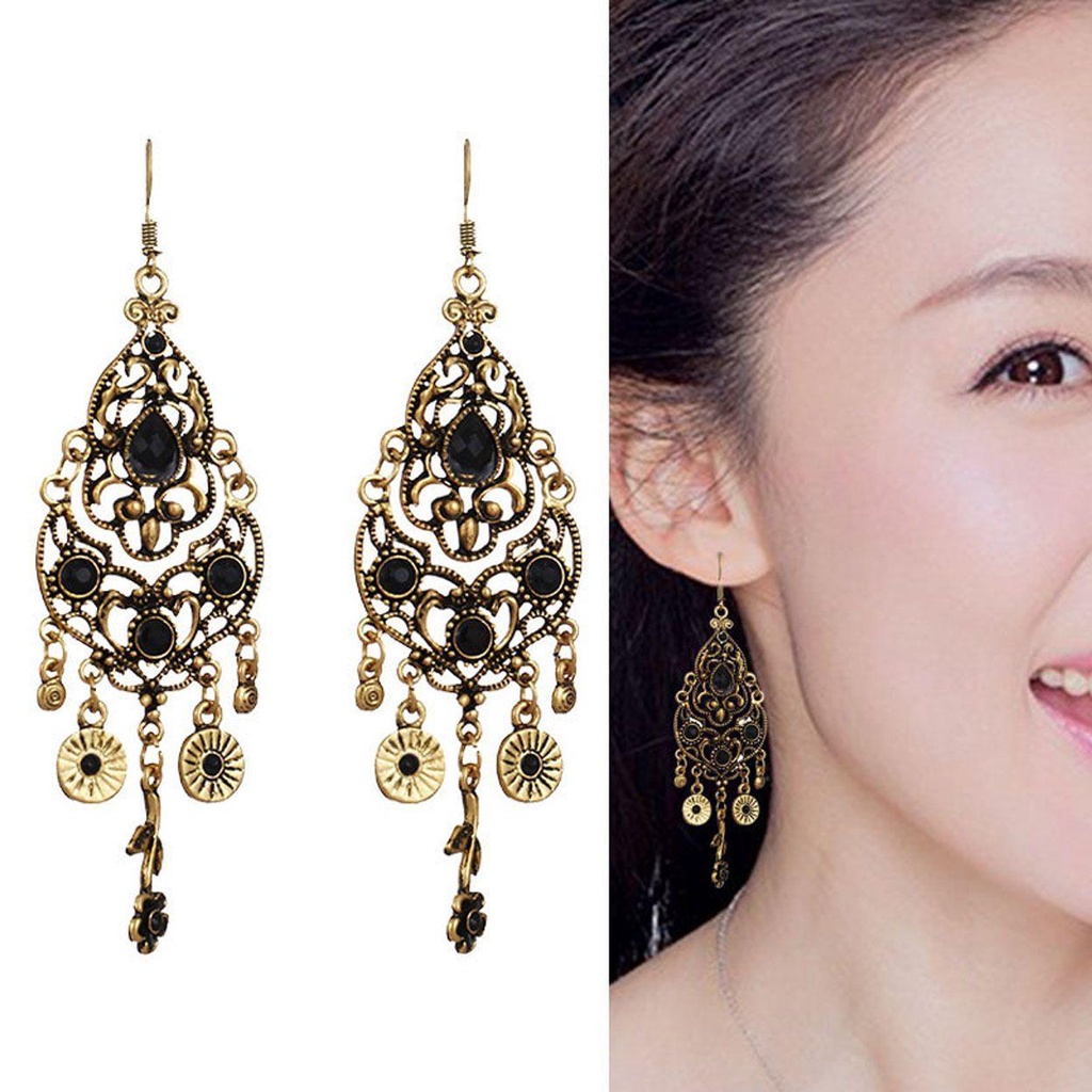 Solighter Earrings Ladies Bunga Berlian Imitasi Anting Menjuntai Panjang Vintage Alloy