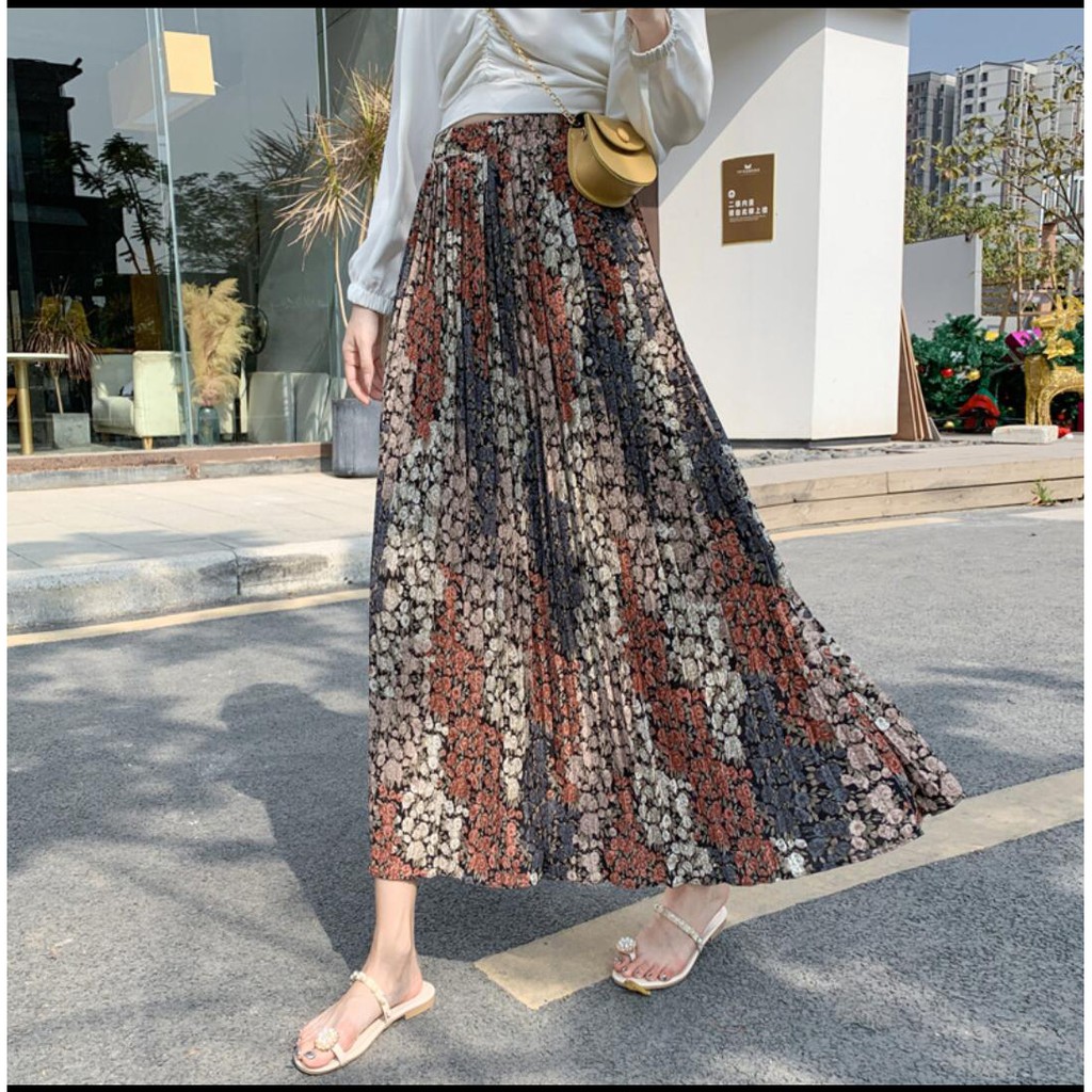 Rok Plisket Prisket Import / Rok Bunga / Maxi Skirt Motif Lucu Floral Bunga Vintage