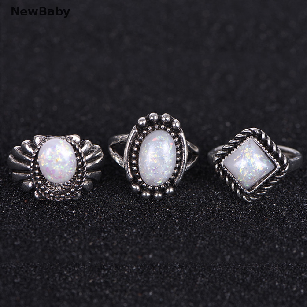 NewBaby 8PCS/Set Ring Silver White Fire Opal Ring Wedding Engagement Ring Women Jewelry ID