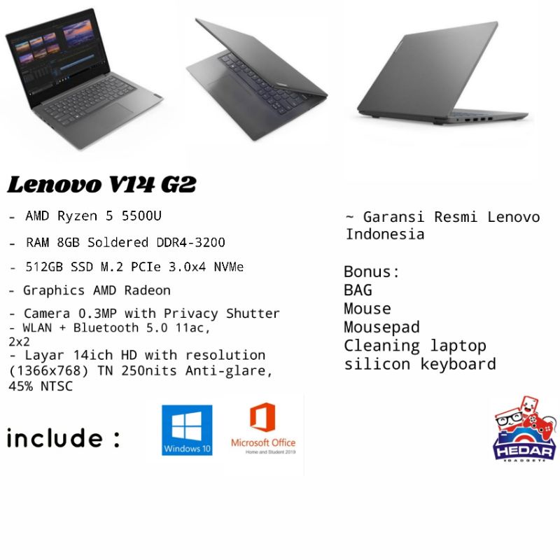 Lenovo V14 G2 Ryzen 5 5500U 8GB DDR4 512GB Radeon W10 OHS 14 HD