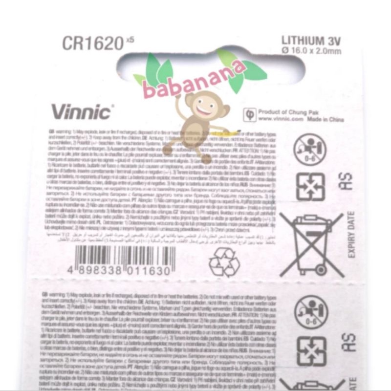 Baterai Vinnic CR 1620 battery kancing button remote jam