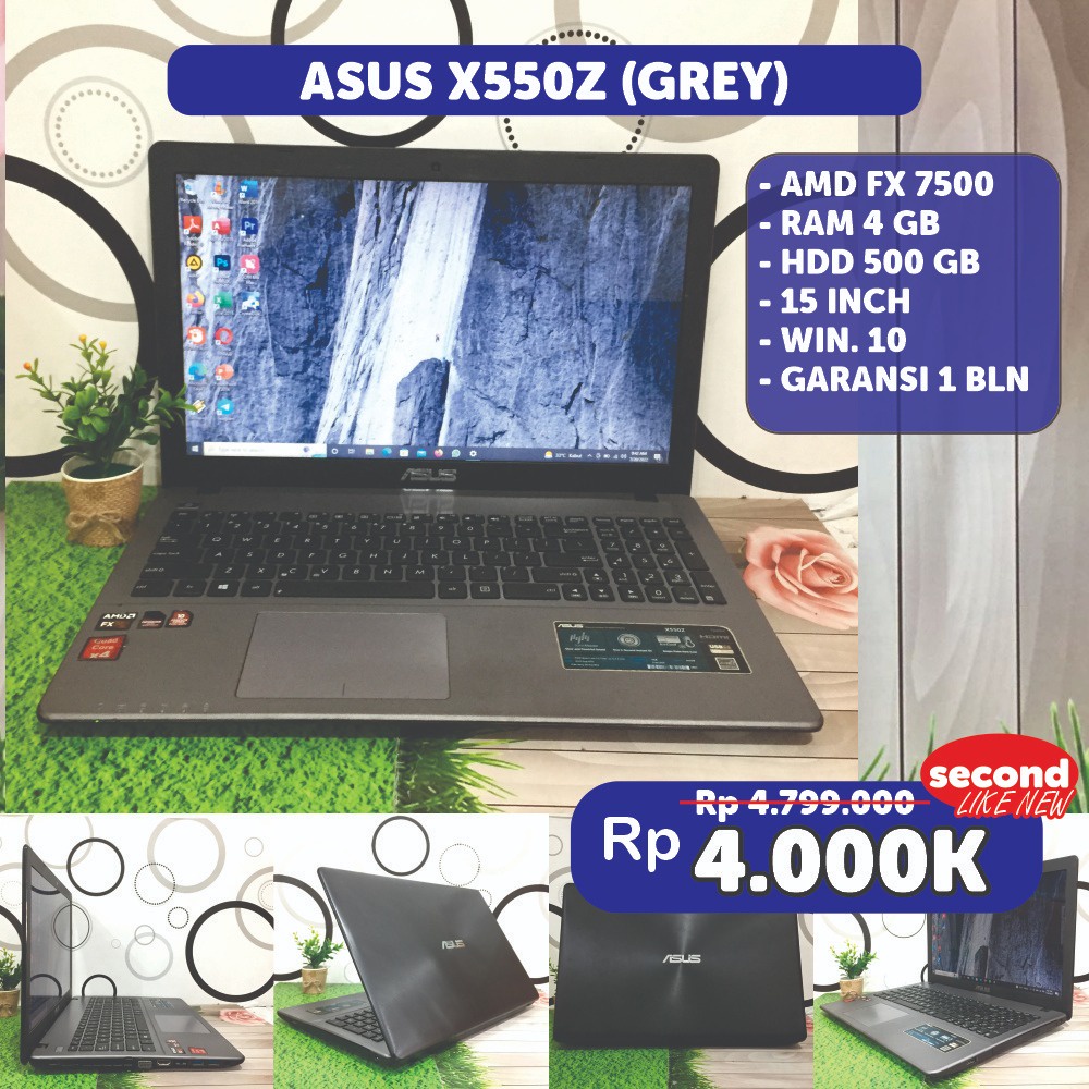 Laptop Desain Grafis Asus X550ZE AMD FX7500 RAM 4GB HDD 500GB Layar 15" Wide Bening Mulus