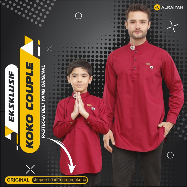 Baju Koko Couple Ayah Anak Lengan Panjang Maroon Merah Tua
