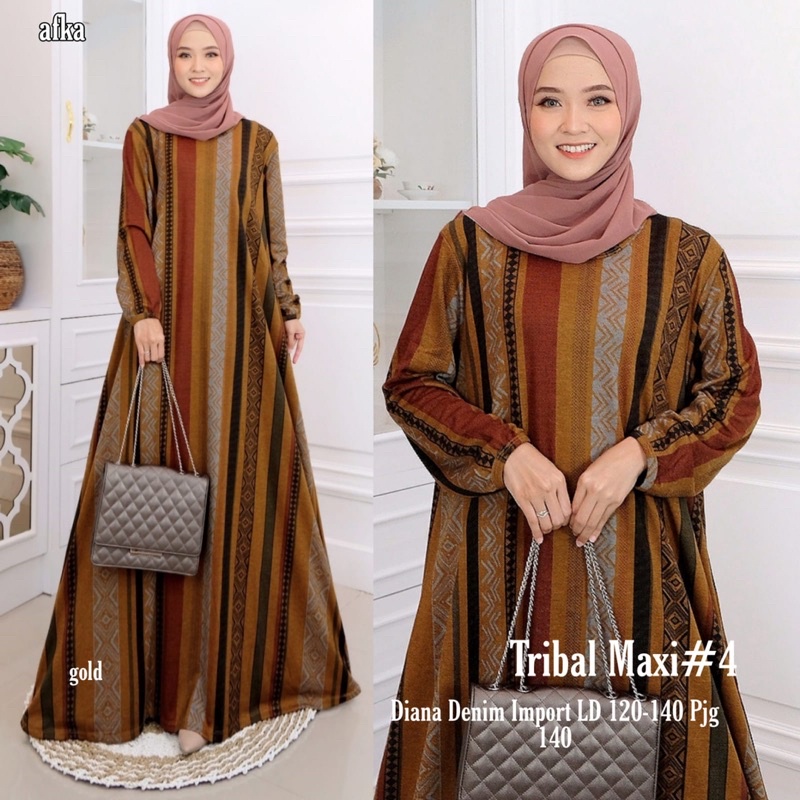 Dress Casual Wanita Muslimah Super Jumbo XXXXL LD140 Kaos Denim Diana Adem Tebal Premium Nyaman Tribal4 Zatta4