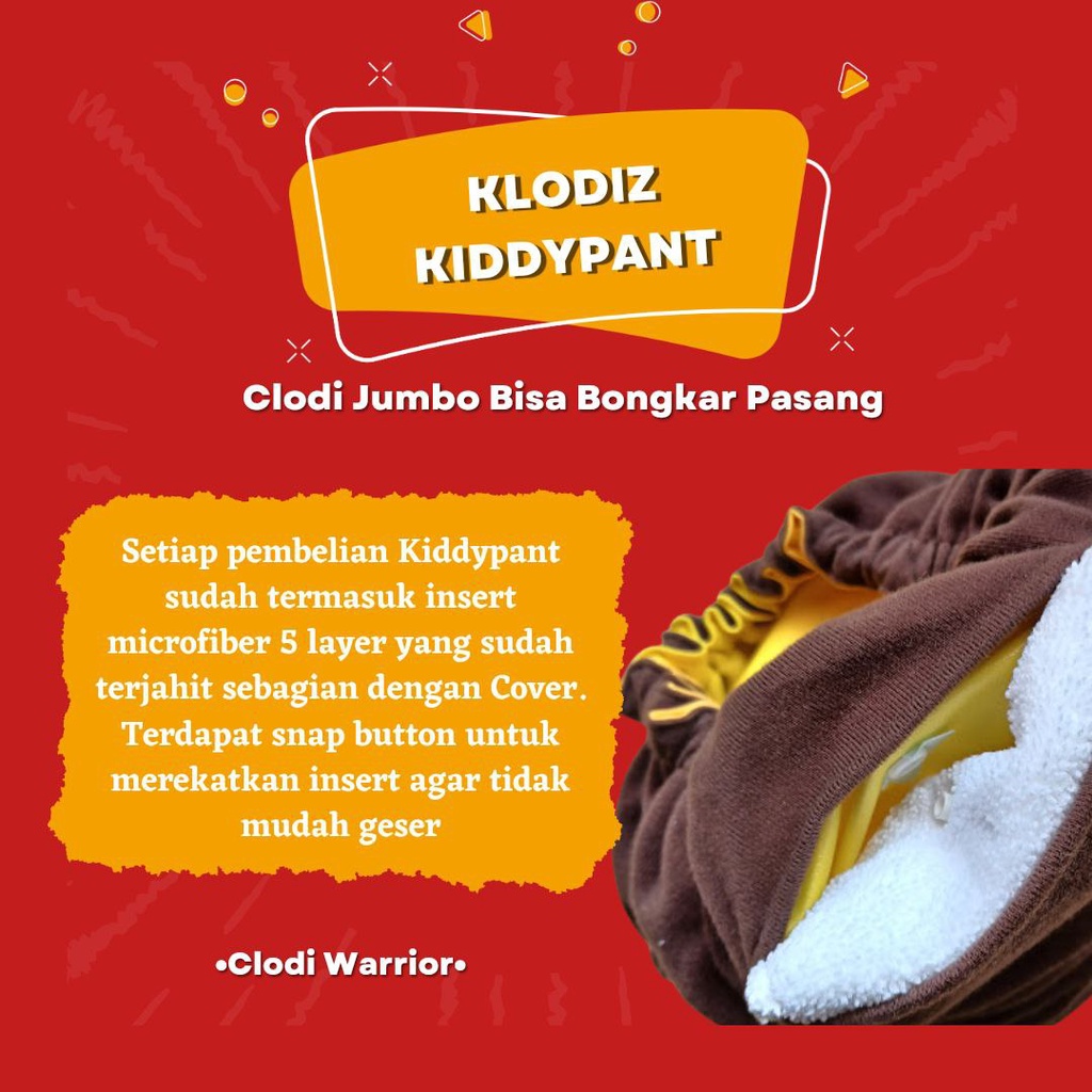 Klodiz Kiddypant Clodi Celana Jumbo All in one Insert Menyatu Bisa Dikeluarkan Cepat kering Karet Adjustable BB 20-30 Kg