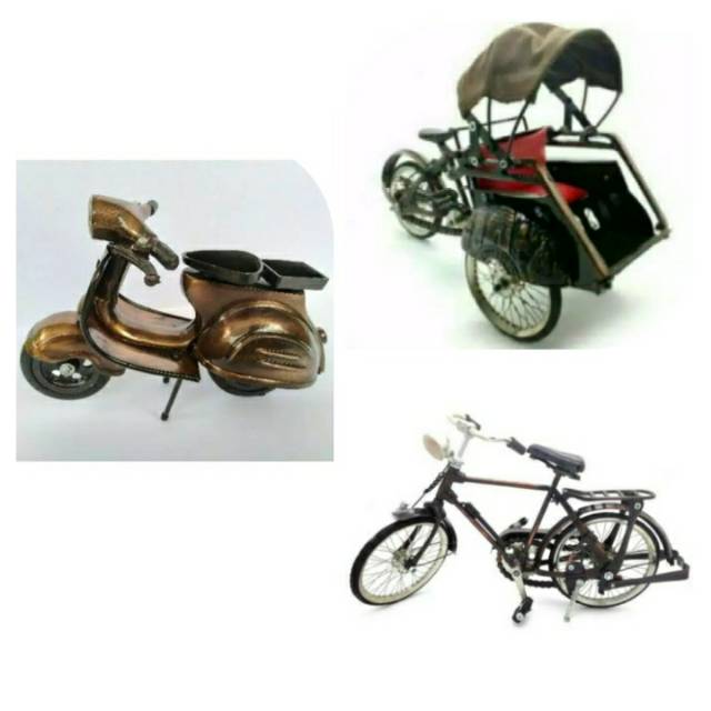 (BISA COD) PAKET HEMAT MINIATUR 1 BECAK JAWA 1 VESPA DAN 1 SEPEDA ONTEL PRIA/WANITA PAJANGAN MURAH