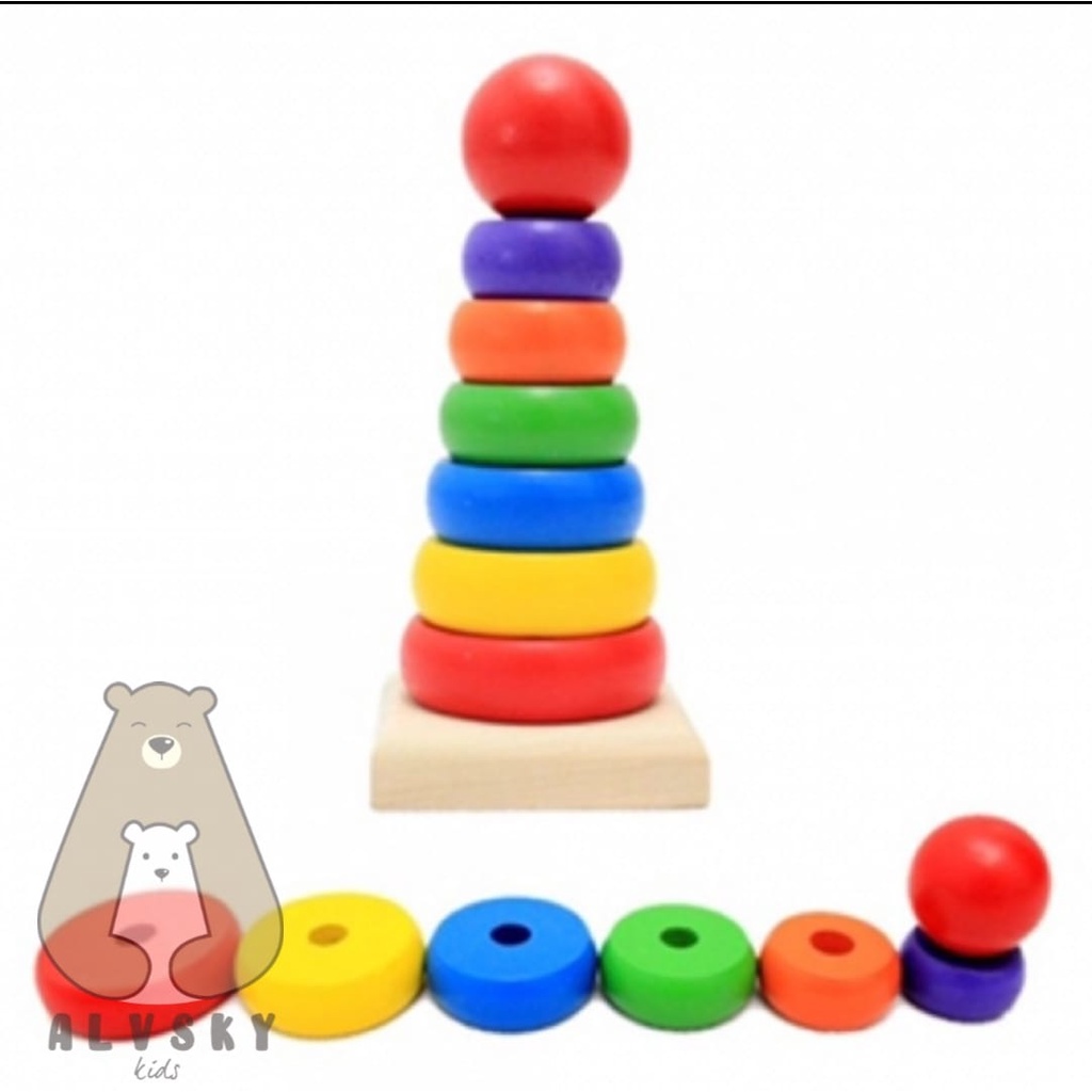 RAINBOW TOWER MAINAN EDUKASI ANAK MENARA SUSUN CINCIN PELANGI RING DONAT