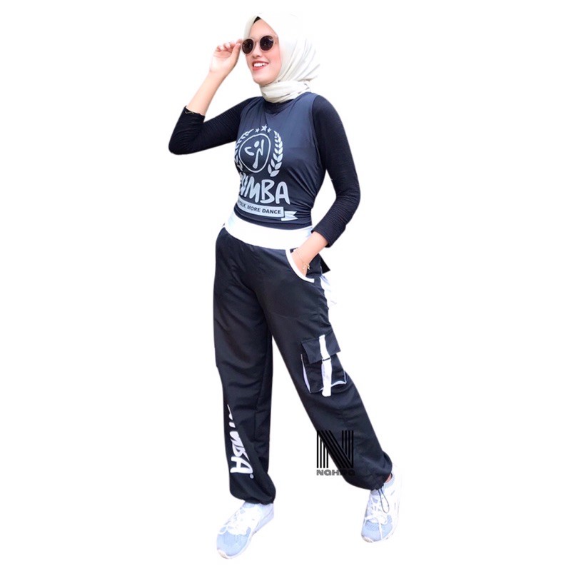 Cargo parasut zumba hitam sablon putih / celana training parasut untuk zumba fitness running unisex-6
