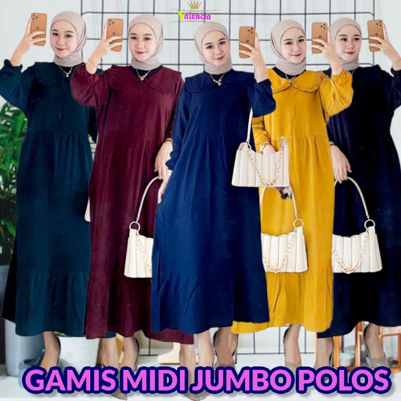 Gamis Jumbo Midi Rempel Rayon Premium Dress Wanita Polos Lengan Panjang Baju Wanita Busui Bigsize LD 130 cm